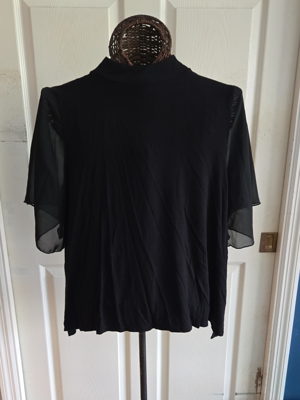 Kim & Cami Black Mock Neck Short Sleeve Top with Sheer Sleeves-Size L